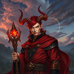 A striking male red mage featuring prominent, elegantly spiraled horns perched atop his head