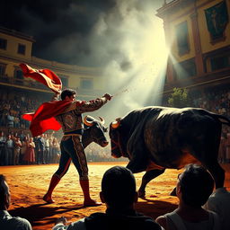 An intense depiction of a traditional bullfighting scene, capturing the dramatic tension between the matador and the bull