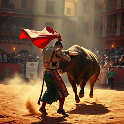 An intense depiction of a traditional bullfighting scene, capturing the dramatic tension between the matador and the bull