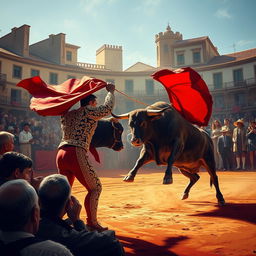 An intense depiction of a traditional bullfighting scene, capturing the dramatic tension between the matador and the bull