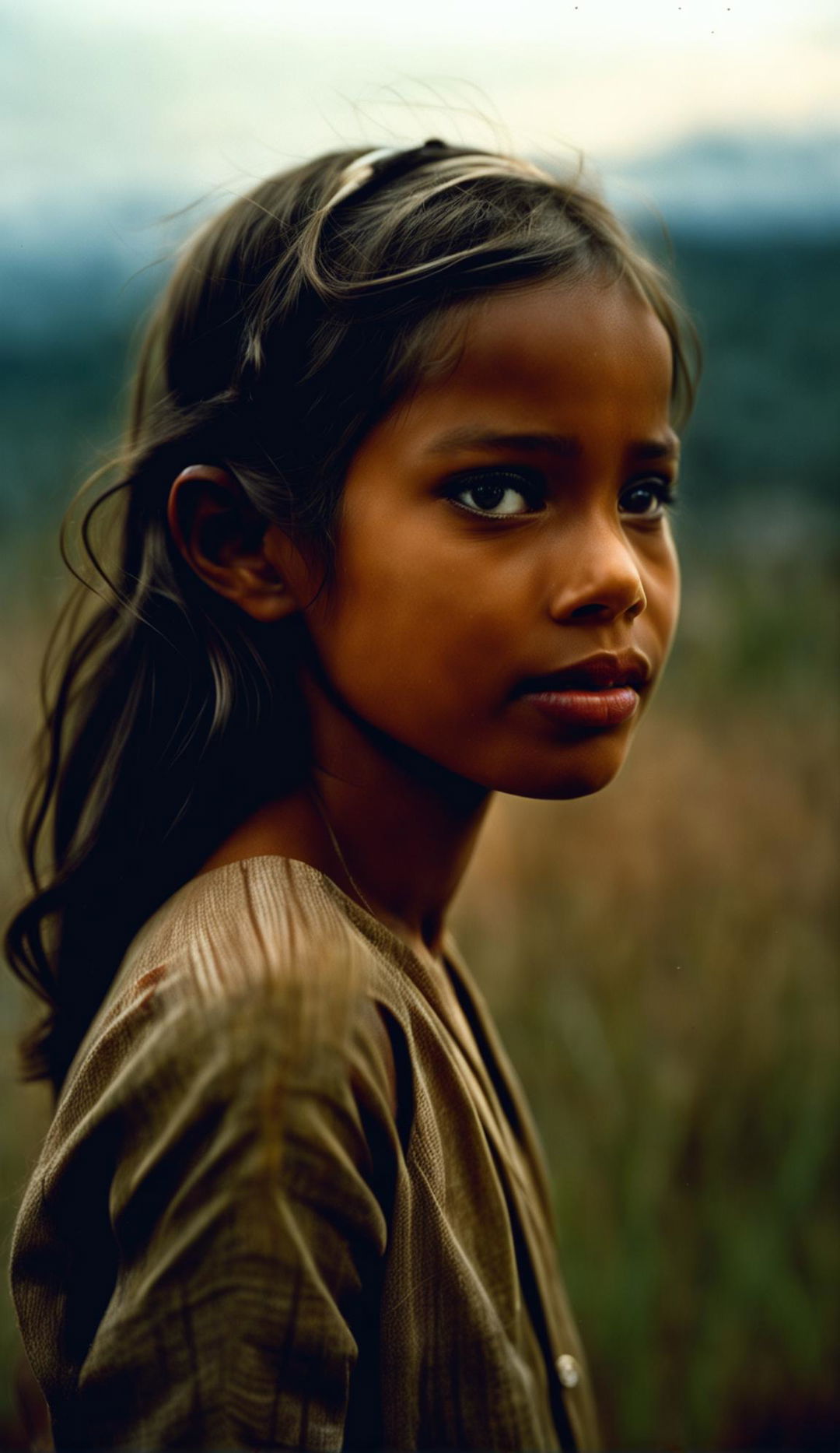 Ultra high-resolution 36k real-life candid photograph in Steve McCurry style of a beautiful girl with facial symmetry, doe eyes, full lips in side profile, low light, low angle against a landscape at dusk.