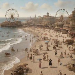 A bustling steampunk beach scene: a sandy shore dotted with ornate, gear-infused parasols, Victorian beachgoers in imaginative swim attire, steam-powered paddle boats near the surf, clockwork seagulls circling and a grand boardwalk with a Ferris wheel in the background, turning steadily with steam and gears.