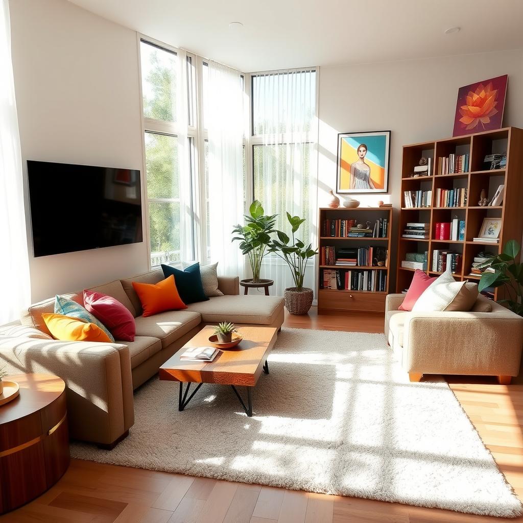 A cozy and modern living room featuring a plush sectional sofa with colorful throw pillows, a stylish coffee table made of wood, and a soft area rug underneath