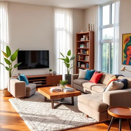 A cozy and modern living room featuring a plush sectional sofa with colorful throw pillows, a stylish coffee table made of wood, and a soft area rug underneath