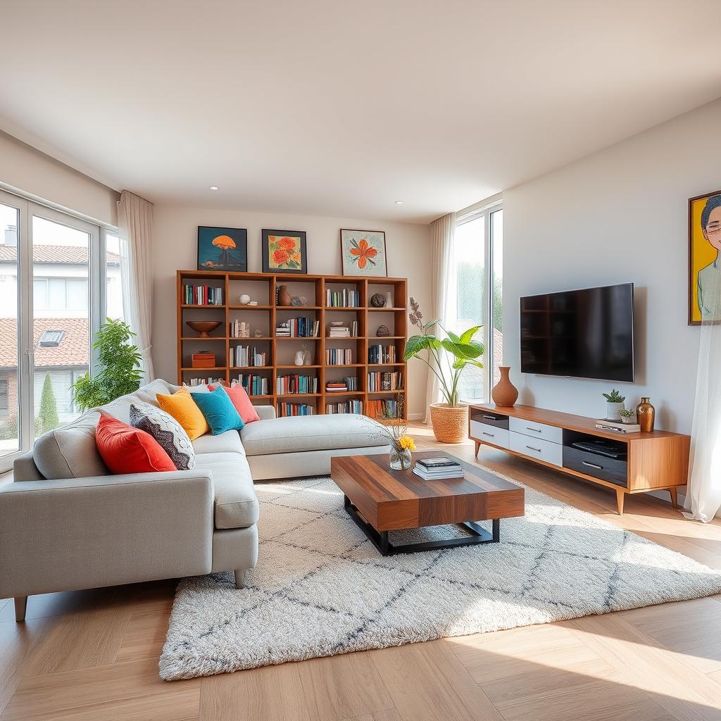 A cozy and modern living room featuring a plush sectional sofa with colorful throw pillows, a stylish coffee table made of wood, and a soft area rug underneath