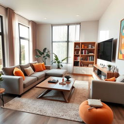 A cozy and modern living room featuring a plush sectional sofa with colorful throw pillows, a stylish coffee table made of wood, and a soft area rug underneath