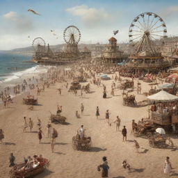 A bustling steampunk beach scene: a sandy shore dotted with ornate, gear-infused parasols, Victorian beachgoers in imaginative swim attire, steam-powered paddle boats near the surf, clockwork seagulls circling and a grand boardwalk with a Ferris wheel in the background, turning steadily with steam and gears.