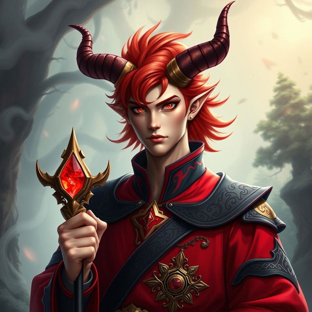 A captivating male red mage, showcasing striking horns that elegantly curve back from his head