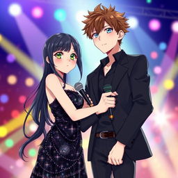 A young adult black-haired girl with green eyes and pale skin standing next to a tall young adult boy with brown hair and blue eyes, both embracing while looking forward