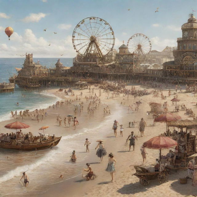 A bustling steampunk beach scene: a sandy shore dotted with ornate, gear-infused parasols, Victorian beachgoers in imaginative swim attire, steam-powered paddle boats near the surf, clockwork seagulls circling and a grand boardwalk with a Ferris wheel in the background, turning steadily with steam and gears.