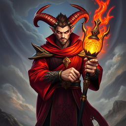 A dynamic male red mage, characterized by impressive, curling horns extending from his forehead