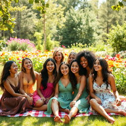 A serene outdoor setting featuring a group of beautiful young women enjoying a sunny day in a vibrant garden