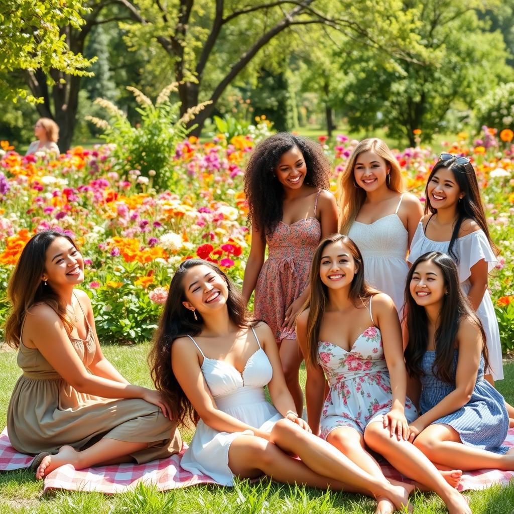 A serene outdoor setting featuring a group of beautiful young women enjoying a sunny day in a vibrant garden