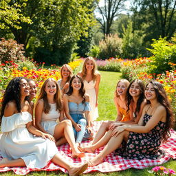 A serene outdoor setting featuring a group of beautiful young women enjoying a sunny day in a vibrant garden