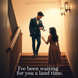 A movie poster featuring a rich college nerd guy dressed in an upscale outfit, standing above a stairway, with a simple dress girl below him, both reaching their hands towards each other, almost touching