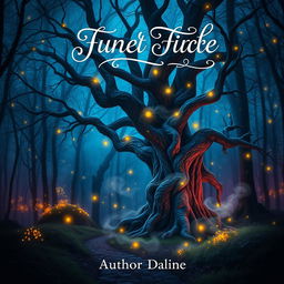 A captivating book cover design that features a mystical forest at twilight, with glowing fireflies illuminating the path