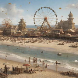 A bustling steampunk beach scene: a sandy shore dotted with ornate, gear-infused parasols, Victorian beachgoers in imaginative swim attire, steam-powered paddle boats near the surf, clockwork seagulls circling and a grand boardwalk with a Ferris wheel in the background, turning steadily with steam and gears.