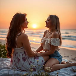 A romantic scene featuring two beautiful young women enjoying a sunset at a picturesque beach