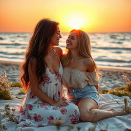 A romantic scene featuring two beautiful young women enjoying a sunset at a picturesque beach