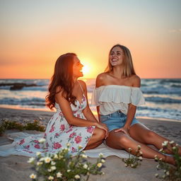 A romantic scene featuring two beautiful young women enjoying a sunset at a picturesque beach