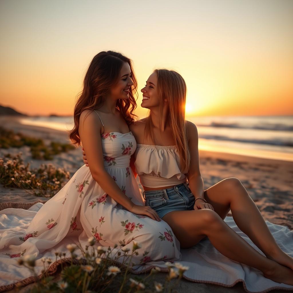 A romantic scene featuring two beautiful young women enjoying a sunset at a picturesque beach