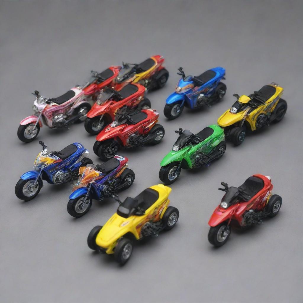 A collection of Hotwheels styled Honda Beat Motorcycle miniatures, displaying vibrant colors and highly detailed design.