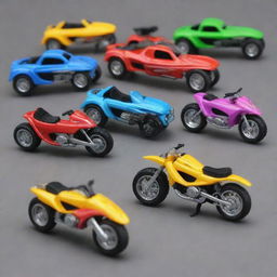 A collection of Hotwheels styled Honda Beat Motorcycle miniatures, displaying vibrant colors and highly detailed design.