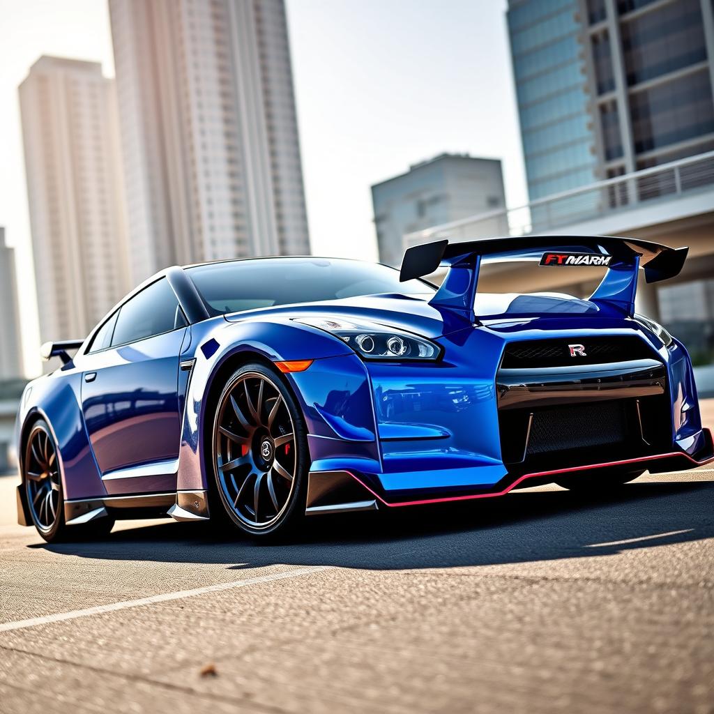 A stunning Nissan GTR with an aggressive and sleek body kit, showcasing its muscular lines and aerodynamic features