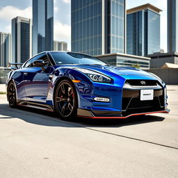 A stunning Nissan GTR with an aggressive and sleek body kit, showcasing its muscular lines and aerodynamic features