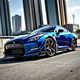 A stunning Nissan GTR with an aggressive and sleek body kit, showcasing its muscular lines and aerodynamic features