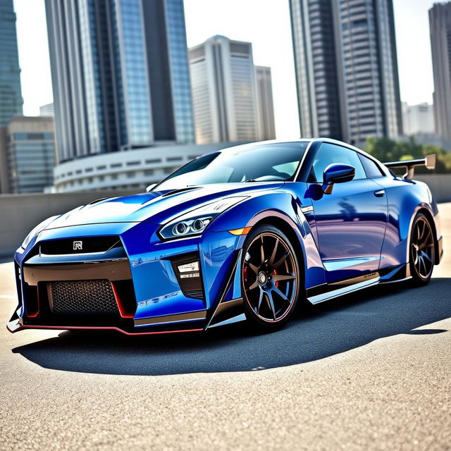 A stunning Nissan GTR with an aggressive and sleek body kit, showcasing its muscular lines and aerodynamic features