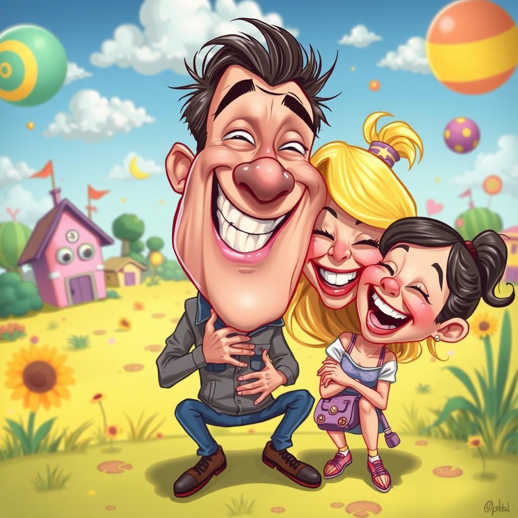 A surreal and whimsical scene featuring a humorous and exaggerated caricature of a man playfully interacting in a cheeky manner with a girl, who is laughing and enjoying the lighthearted moment in a colorful cartoon-style illustration