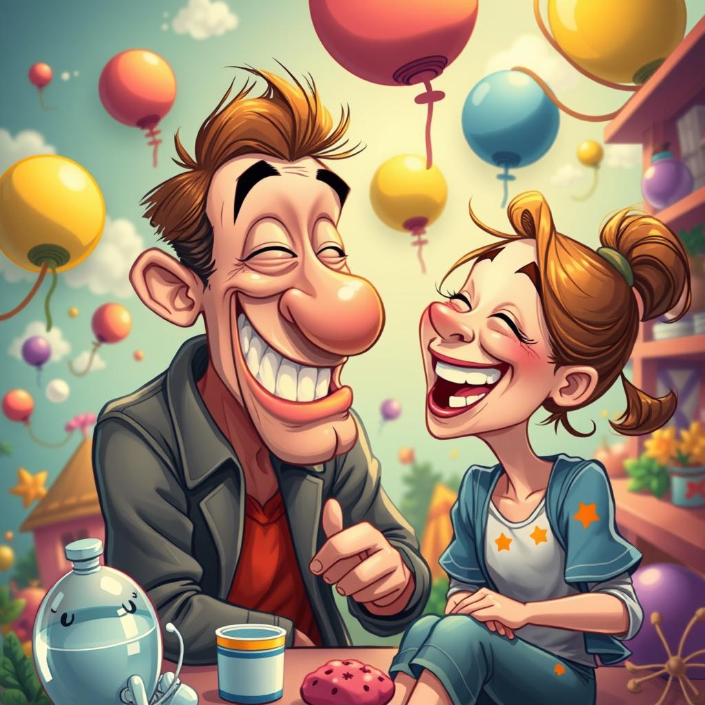 A surreal and whimsical scene featuring a humorous and exaggerated caricature of a man playfully interacting in a cheeky manner with a girl, who is laughing and enjoying the lighthearted moment in a colorful cartoon-style illustration