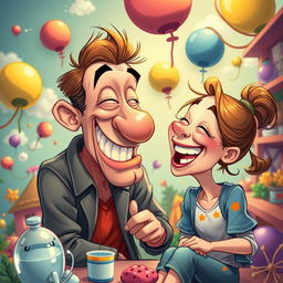 A surreal and whimsical scene featuring a humorous and exaggerated caricature of a man playfully interacting in a cheeky manner with a girl, who is laughing and enjoying the lighthearted moment in a colorful cartoon-style illustration