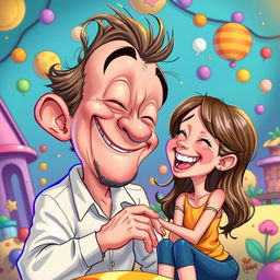 A surreal and whimsical scene featuring a humorous and exaggerated caricature of a man playfully interacting in a cheeky manner with a girl, who is laughing and enjoying the lighthearted moment in a colorful cartoon-style illustration