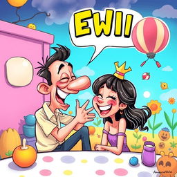 A surreal and whimsical scene featuring a humorous and exaggerated caricature of a man playfully interacting in a cheeky manner with a girl, who is laughing and enjoying the lighthearted moment in a colorful cartoon-style illustration