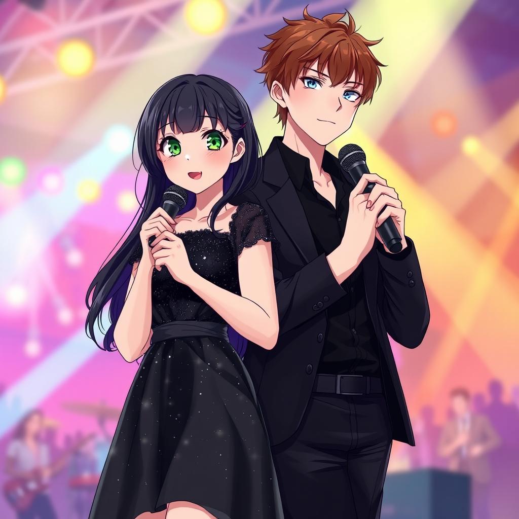 A young, cute adult girl with black hair, green eyes, and pale skin standing next to a tall, handsome young adult boy with brown hair and blue eyes