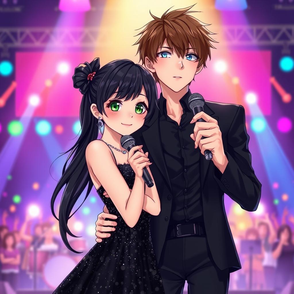 A young, cute adult girl with black hair, green eyes, and pale skin standing next to a tall, handsome young adult boy with brown hair and blue eyes