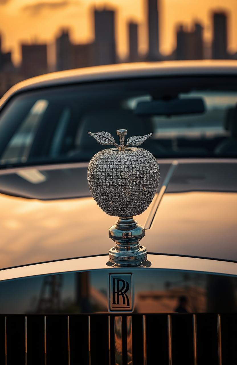 A luxurious Rolls Royce car featuring a stunning hood ornament designed as a chain of an apple crafted from sparkling diamonds