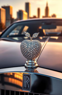 A luxurious Rolls Royce car featuring a stunning hood ornament designed as a chain of an apple crafted from sparkling diamonds