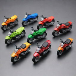 A collection of Hotwheels styled Honda Beat Motorcycle miniatures, displaying vibrant colors and highly detailed design.