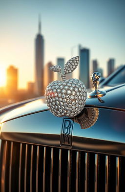 A luxurious Rolls Royce car featuring a stunning hood ornament designed as a chain of an apple crafted from sparkling diamonds