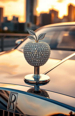 A luxurious Rolls Royce car featuring a stunning hood ornament designed as a chain of an apple crafted from sparkling diamonds