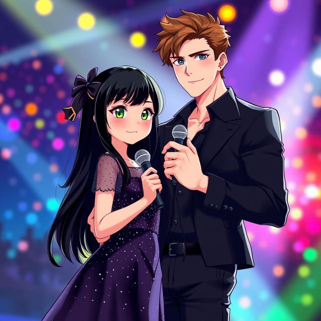 A cute young adult girl with black hair, green eyes, and pale skin standing next to a tall, handsome, muscular young adult boy with brown hair and blue eyes