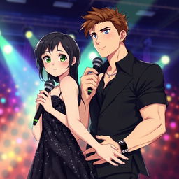 A cute young adult girl with black hair, green eyes, and pale skin standing next to a tall, handsome, muscular young adult boy with brown hair and blue eyes