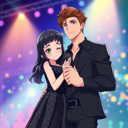 A cute young adult girl with black hair, green eyes, and pale skin standing next to a tall, handsome, muscular young adult boy with brown hair and blue eyes