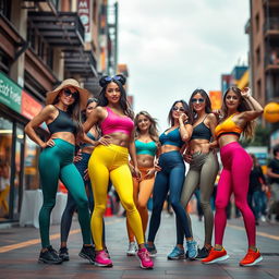 A stylish and dynamic scene featuring a group of fashionable women in colorful leggings that accentuate their athletic figures