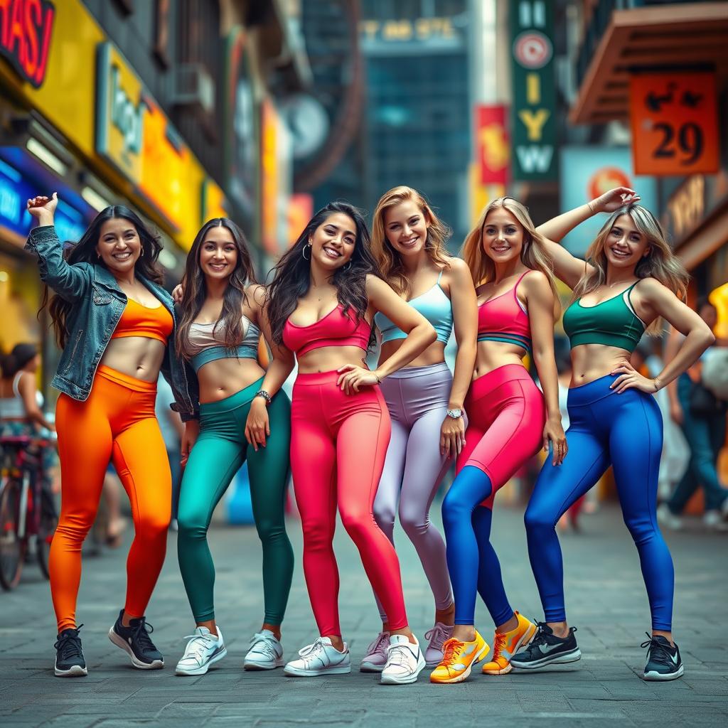 A stylish and dynamic scene featuring a group of fashionable women in colorful leggings that accentuate their athletic figures