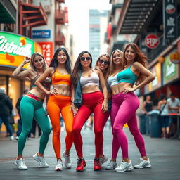 A stylish and dynamic scene featuring a group of fashionable women in colorful leggings that accentuate their athletic figures