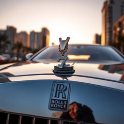 A luxurious Rolls Royce car showcasing a unique hood ornament that features a chain with a prominent pendant shaped like the number 7